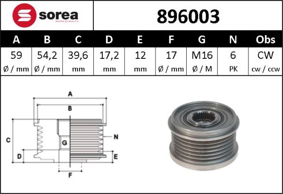 Sera 896003 - Шкив генератора, муфта autosila-amz.com