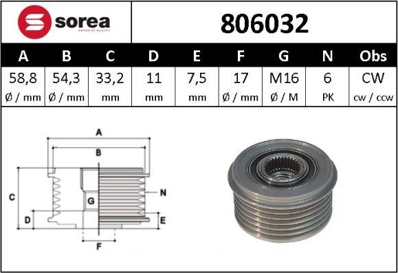 Sera 806032 - Шкив генератора, муфта autosila-amz.com