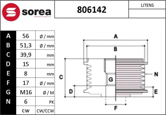 Sera 806142 - Шкив генератора, муфта autosila-amz.com