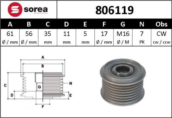 Sera 806119 - Шкив генератора, муфта autosila-amz.com