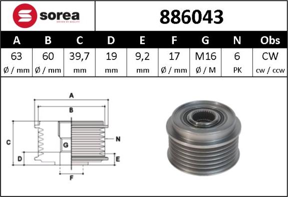 Sera 886043 - Шкив генератора, муфта autosila-amz.com