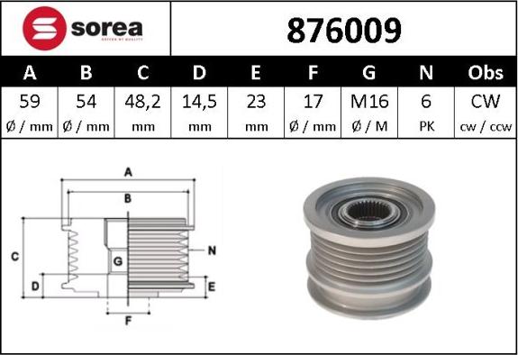 Sera 876009 - Шкив генератора, муфта autosila-amz.com