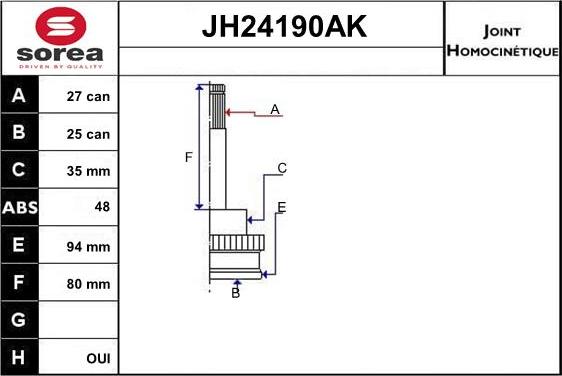 Sera JH24190AK - Шарнирный комплект, ШРУС, приводной вал autosila-amz.com