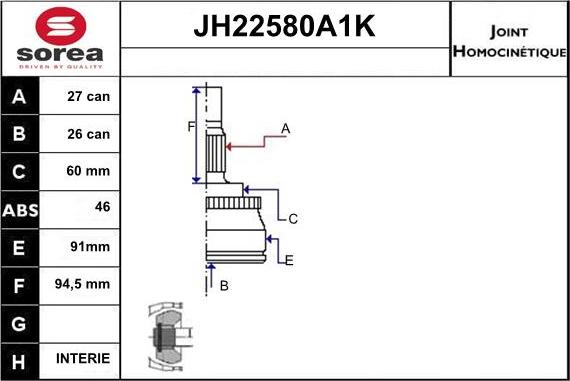 Sera JH22580A1K - Шарнирный комплект, ШРУС, приводной вал autosila-amz.com