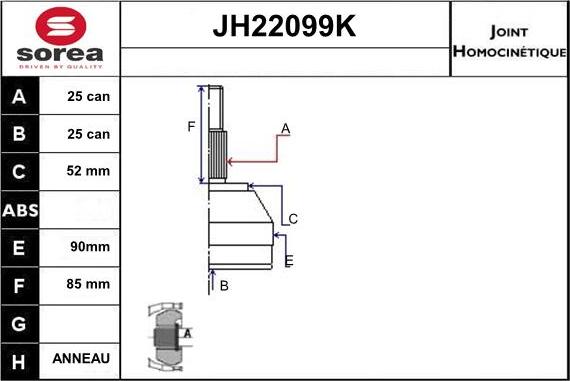 Sera JH22099K - Шарнирный комплект, ШРУС, приводной вал autosila-amz.com