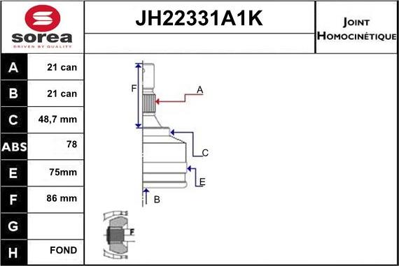 Sera JH22331A1K - Шарнирный комплект, ШРУС, приводной вал autosila-amz.com