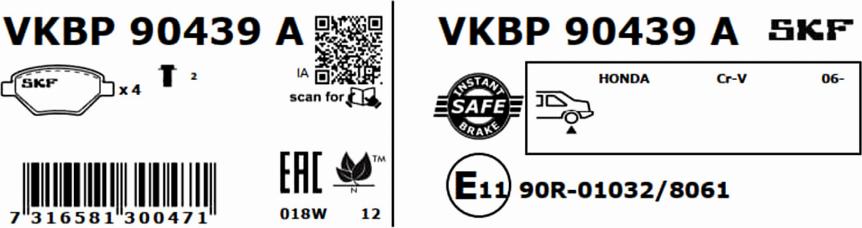 SKF VKBP 90439 A - Тормозные колодки, дисковые, комплект autosila-amz.com