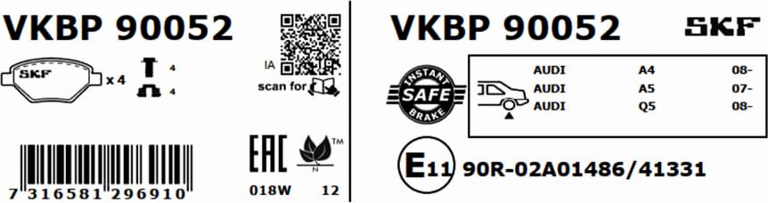 SKF VKBP 90052 - Тормозные колодки, дисковые, комплект autosila-amz.com