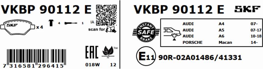 SKF VKBP 90112 E - Комплект тормозных колодок, дисковый тормоз autosila-amz.com