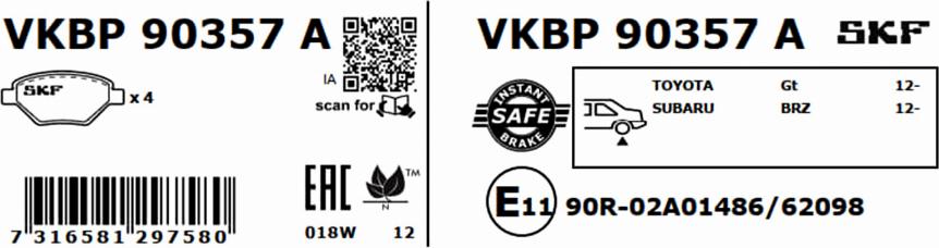 SKF VKBP 90357 A - Тормозные колодки, дисковые, комплект autosila-amz.com
