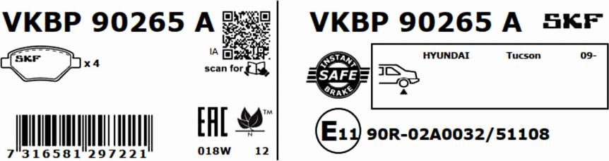 SKF VKBP 90265 A - Тормозные колодки, дисковые, комплект autosila-amz.com