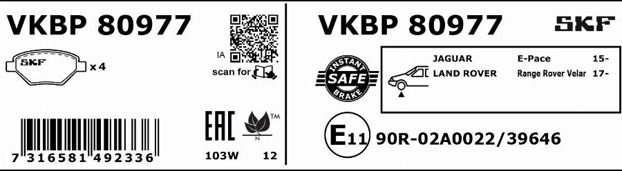 SKF VKBP 80977 - Тормозные колодки, дисковые, комплект autosila-amz.com