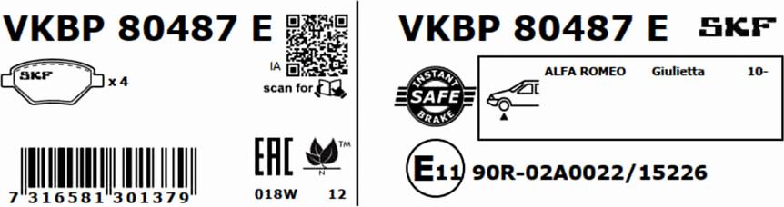 SKF VKBP 80487 E - Тормозные колодки, дисковые, комплект autosila-amz.com