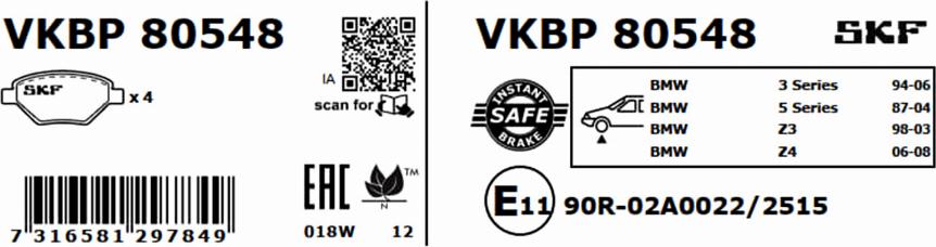 SKF VKBP 80548 - Тормозные колодки, дисковые, комплект autosila-amz.com
