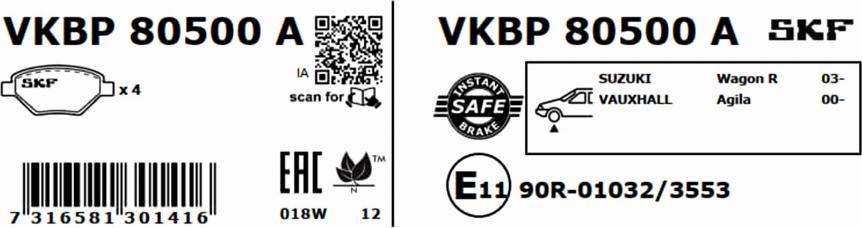 SKF VKBP 80500 A - Тормозные колодки, дисковые, комплект autosila-amz.com