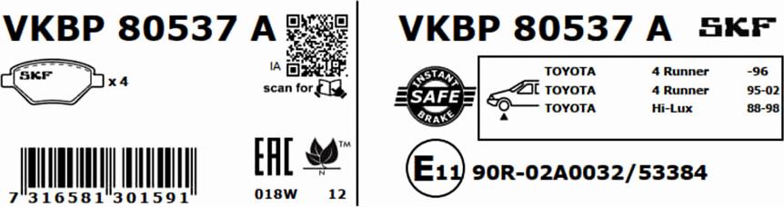 SKF VKBP 80537 A - Тормозные колодки, дисковые, комплект autosila-amz.com