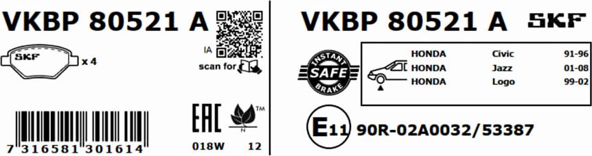 SKF VKBP 80521 A - Тормозные колодки, дисковые, комплект autosila-amz.com