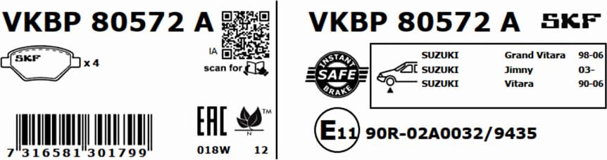 SKF VKBP 80572 A - Тормозные колодки, дисковые, комплект autosila-amz.com