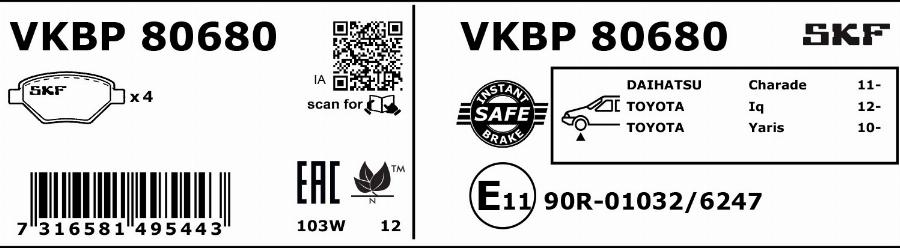 SKF VKBP 80680 - Тормозные колодки, дисковые, комплект autosila-amz.com
