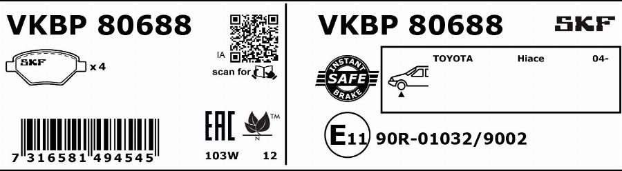 SKF VKBP 80688 - Тормозные колодки, дисковые, комплект autosila-amz.com
