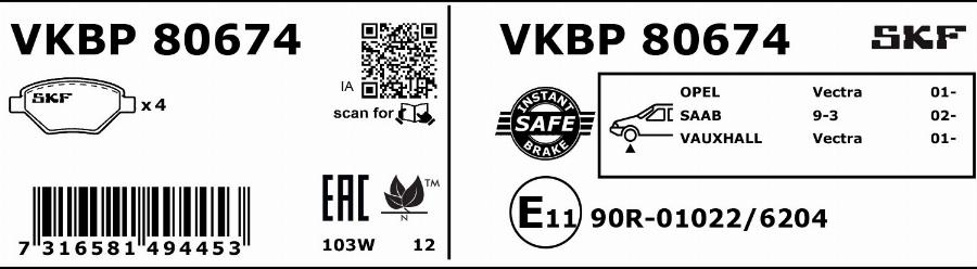 SKF VKBP 80674 - Тормозные колодки, дисковые, комплект autosila-amz.com