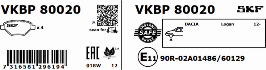SKF VKBP 80020 - Тормозные колодки, дисковые, комплект autosila-amz.com