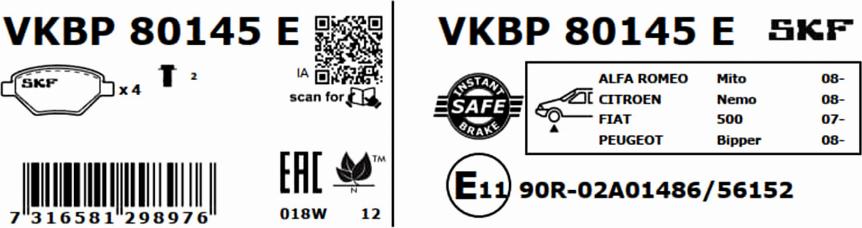 SKF VKBP 80145 E - Тормозные колодки, дисковые, комплект autosila-amz.com