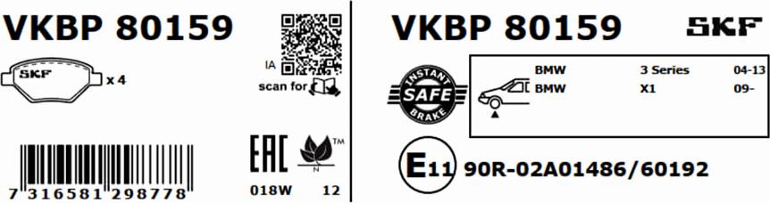 SKF VKBP 80159 - Тормозные колодки, дисковые, комплект autosila-amz.com