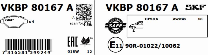 SKF VKBP 80167 A - Тормозные колодки, дисковые, комплект autosila-amz.com