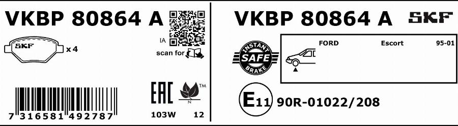 SKF VKBP 80864 A - Тормозные колодки, дисковые, комплект autosila-amz.com