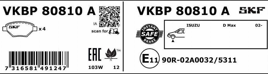 SKF VKBP 80810 A - Тормозные колодки, дисковые, комплект autosila-amz.com
