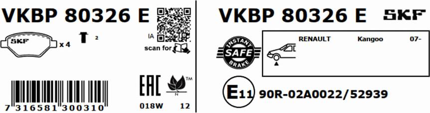 SKF VKBP 80326 E - Комплект тормозных колодок, дисковый тормоз autosila-amz.com