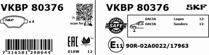 SKF VKBP 80376 - Тормозные колодки, дисковые, комплект autosila-amz.com