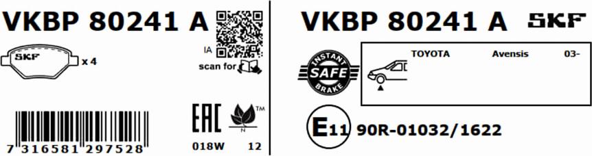 SKF VKBP 80241 A - Тормозные колодки, дисковые, комплект autosila-amz.com