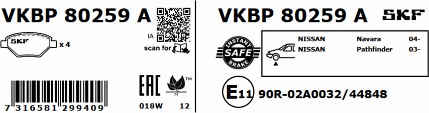 SKF VKBP 80259 A - Тормозные колодки, дисковые, комплект autosila-amz.com
