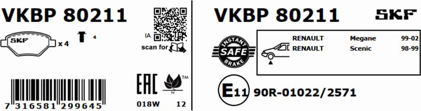 SKF VKBP 80211 - Комплект тормозных колодок, дисковый тормоз autosila-amz.com