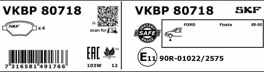 SKF VKBP 80718 - Тормозные колодки, дисковые, комплект autosila-amz.com
