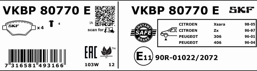 SKF VKBP 80770 E - Тормозные колодки, дисковые, комплект autosila-amz.com