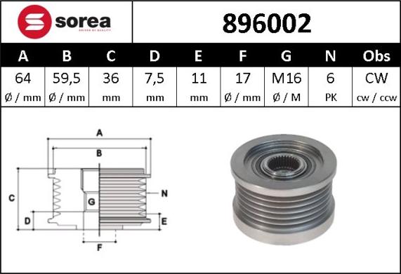 SNRA 896002 - Шкив генератора, муфта autosila-amz.com