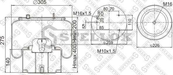 Stellox 90-08364-SX - пневмопод. со стак!с отбойн. 3шп.M10 1отв-шт.M16 Поршень 1отв.M16 \DAF autosila-amz.com