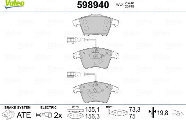 Valeo 598940 - Тормозные колодки, дисковые, комплект autosila-amz.com