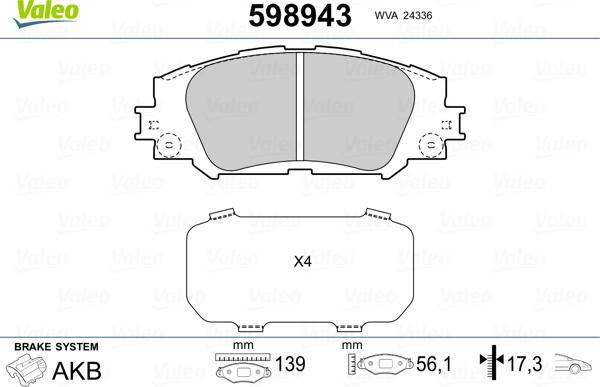 Valeo 598943 - Тормозные колодки, дисковые, комплект autosila-amz.com