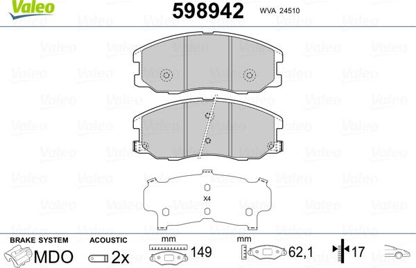 Valeo 598942 - Тормозные колодки, дисковые, комплект autosila-amz.com