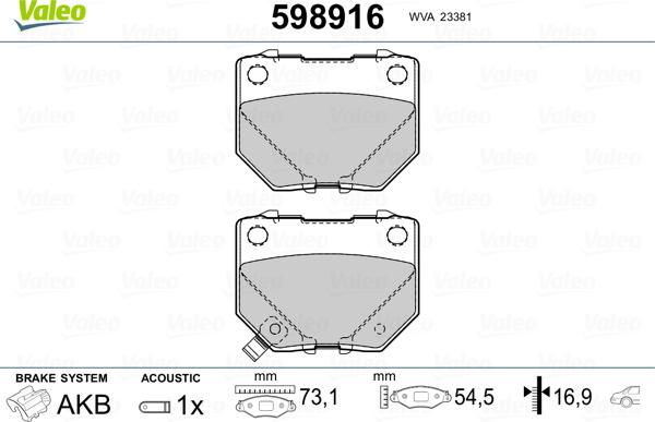 Valeo 598916 - Тормозные колодки, дисковые, комплект autosila-amz.com