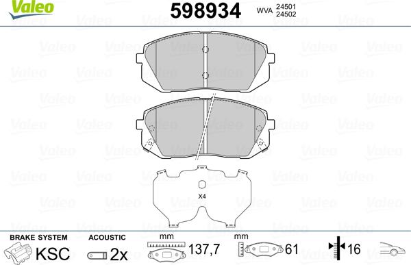 Valeo 598934 - Тормозные колодки, дисковые, комплект autosila-amz.com