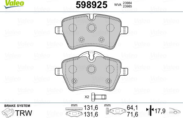 Valeo 598925 - Тормозные колодки, дисковые, комплект autosila-amz.com