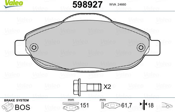 Valeo 598927 - Тормозные колодки, дисковые, комплект autosila-amz.com