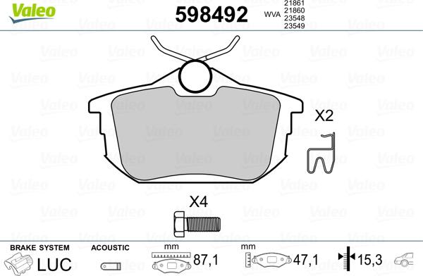 Valeo 598492 - Тормозные колодки, дисковые, комплект autosila-amz.com