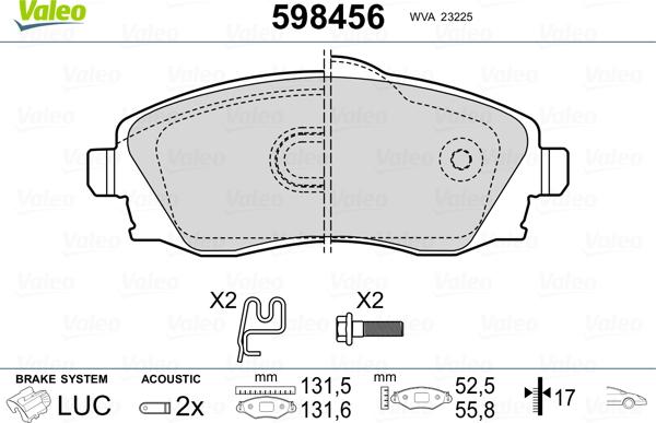 Valeo 598456 - Тормозные колодки, дисковые, комплект autosila-amz.com