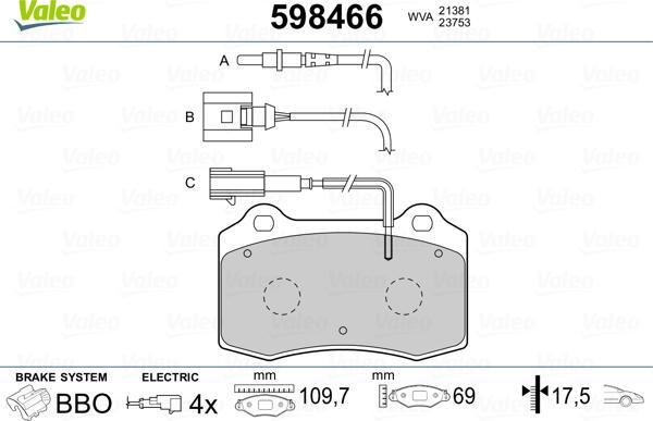 Valeo 598466 - Тормозные колодки, дисковые, комплект autosila-amz.com